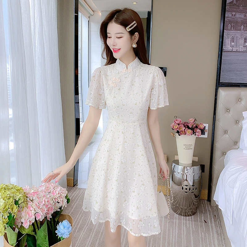 改良版旗袍女装夏装150cm155小个子显高显瘦气质高级感碎花连衣裙