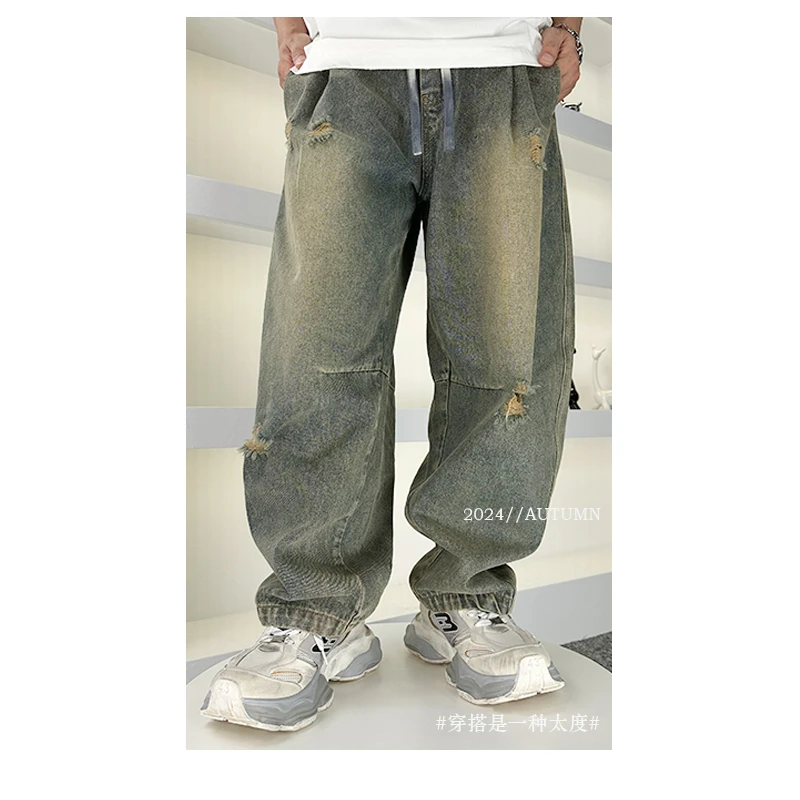 2024秋男装复古破洞牛仔裤巴家复古牛仔裤弯刀阔腿美式休闲高街