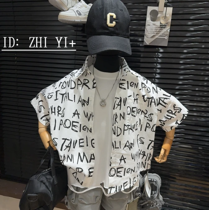 ZHIYI+知衣夏款韩版休闲时尚字母满印短袖衬衫-0734