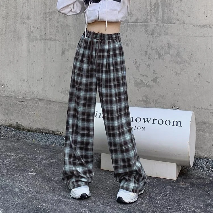 1603-3#高腰格子加绒休闲直筒裤