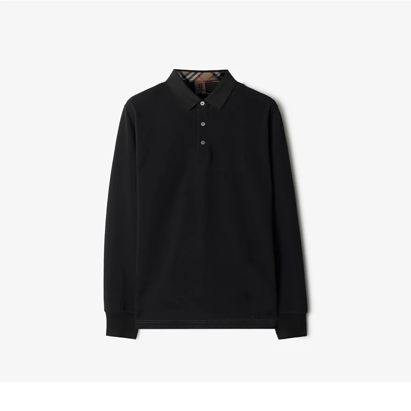 轻奢POLO衫长袖翻领衫重磅长袖格纹男士翻领休闲商务纯色上衣