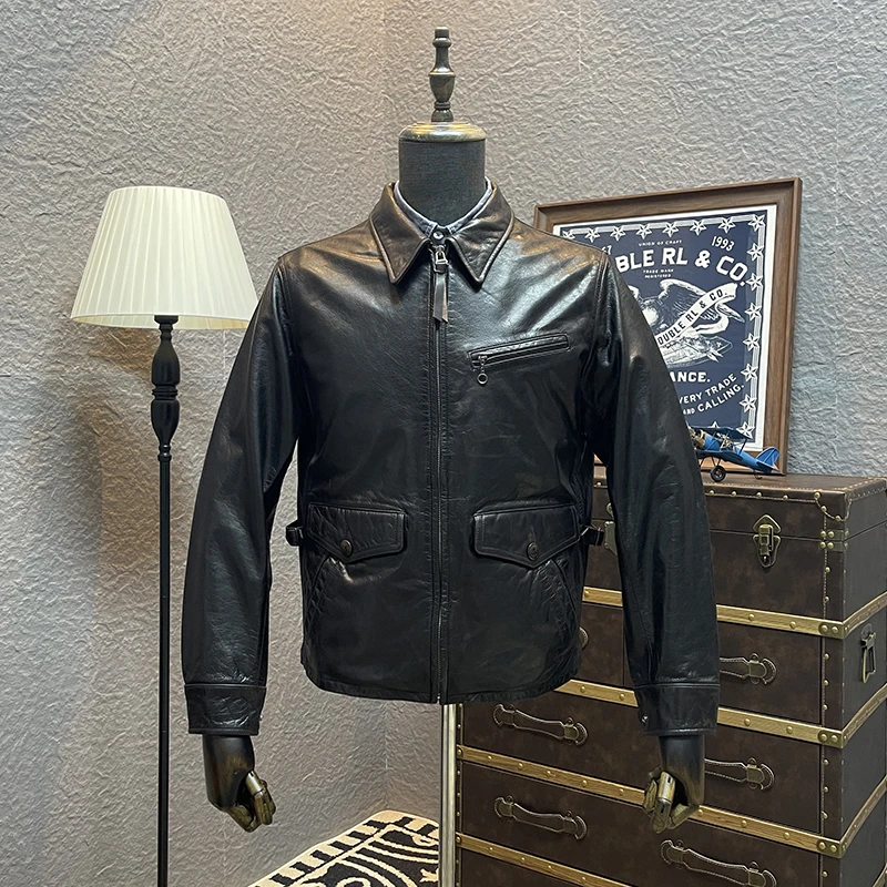 张学友同款报童夹克头层牛皮真皮皮衣男复古做旧美式修身短款外套