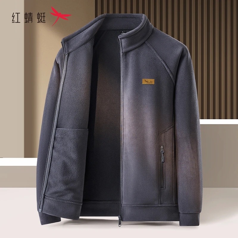 红蜻蜓加绒外套男2024新款秋冬加绒加厚重磅奥粒绒立领中老年抓绒