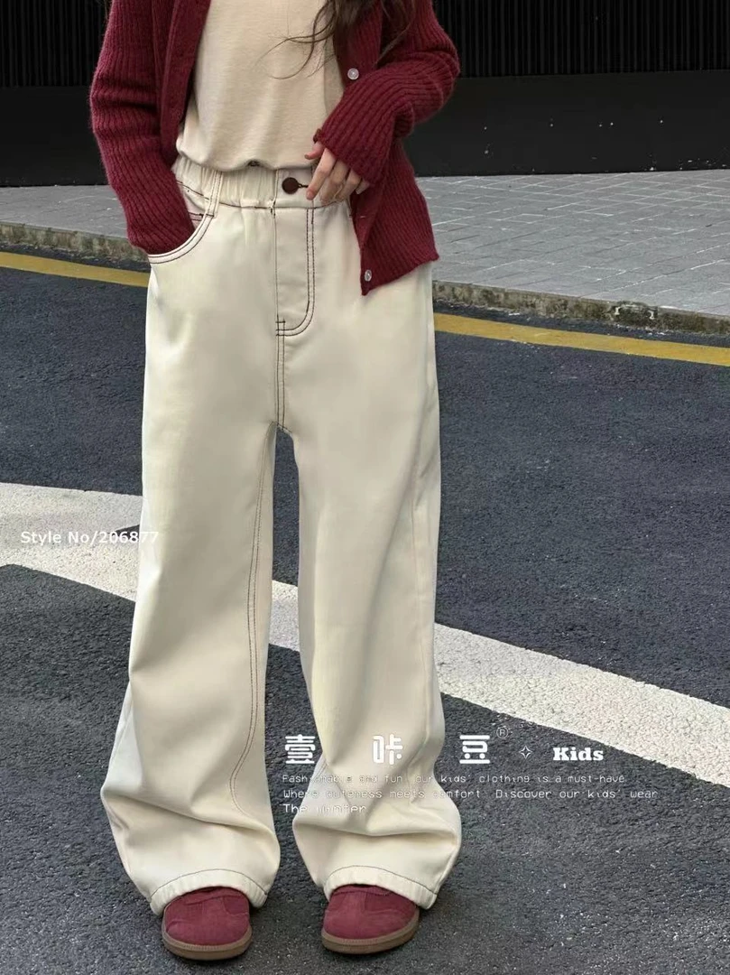实体精品时尚童装牛哆哆壹卡豆一体绒白色直筒裤6877