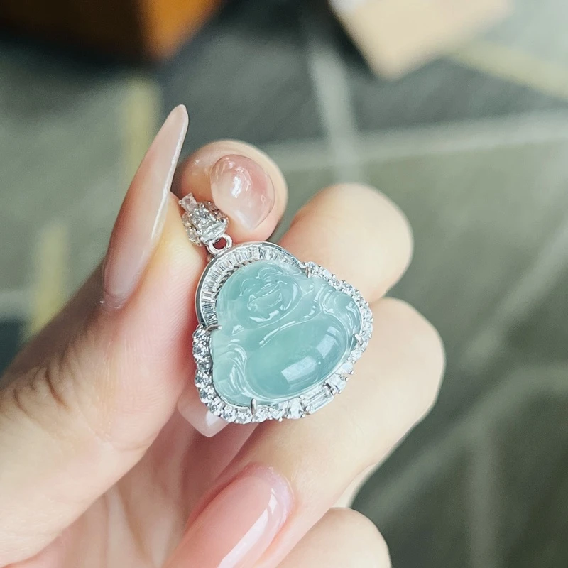 冰晴底翡翠大肚弥勒佛公玉坠镶嵌925银  冰佛公吊坠 配皮绳