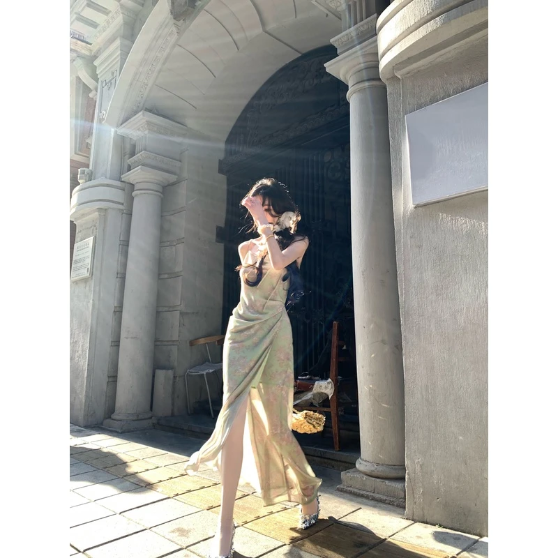 MOSS 【晚香花卉】国风收腰吊带系带新中式飘逸印花连衣裙