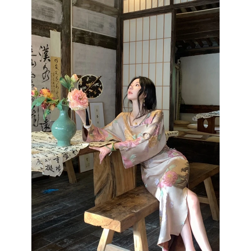 MOSS STUDIO 【芙蓉春倦 】长袖旗袍开叉连衣裙