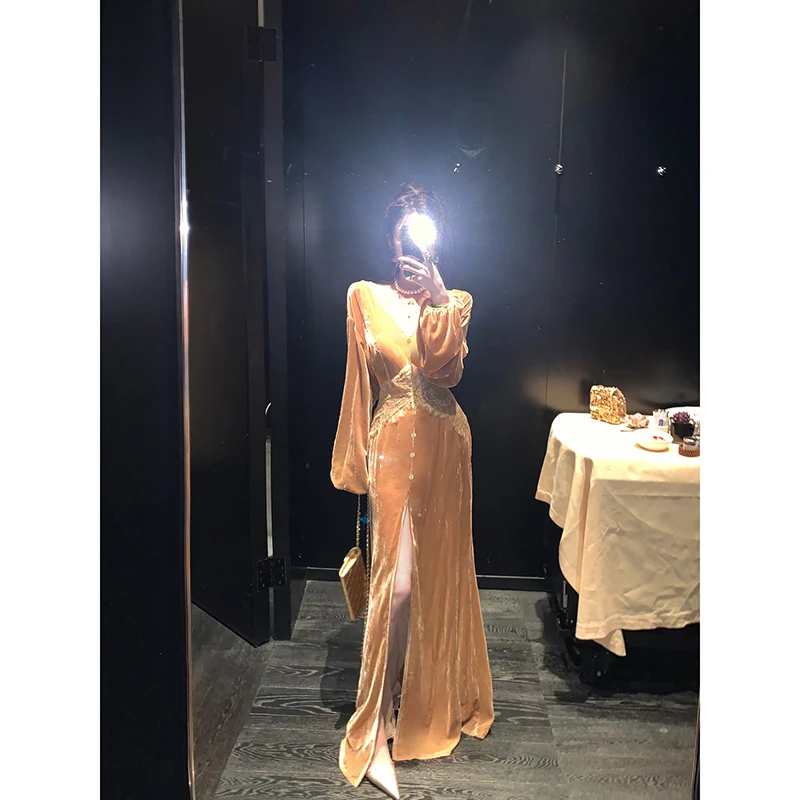 MOSS STUDIO1【金韵芳华】新中式国风秋冬复古V领蕾丝丝绒连衣裙女