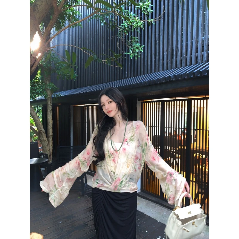 MOSS STUDIO【花朝絮落】夏季薄款花色新中式雪纺温柔舒适上衣女