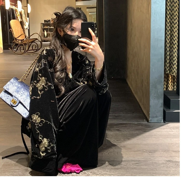 MOSS STUDIO1【浮生辞】丝绒亮片V领宽松复古中式国风外套女