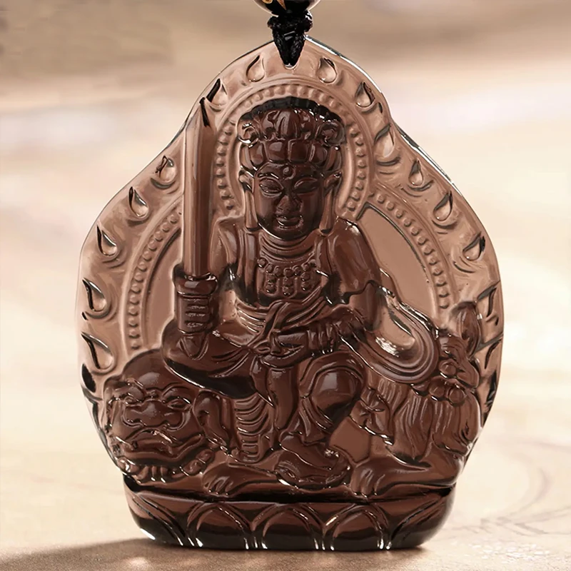 冰种黑曜石文殊菩萨吊坠天然黑曜石火焰边守护神生肖兔本命佛守护