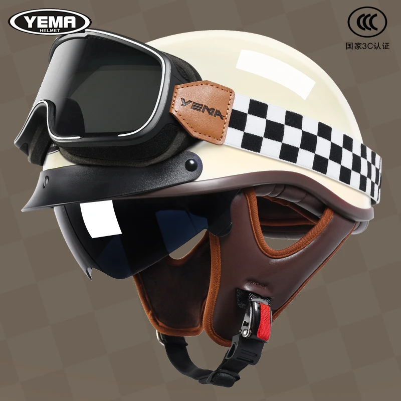野马复古巡航机车头盔男女哈电动摩托车3C认证四季半盔雷夏季瓢盔