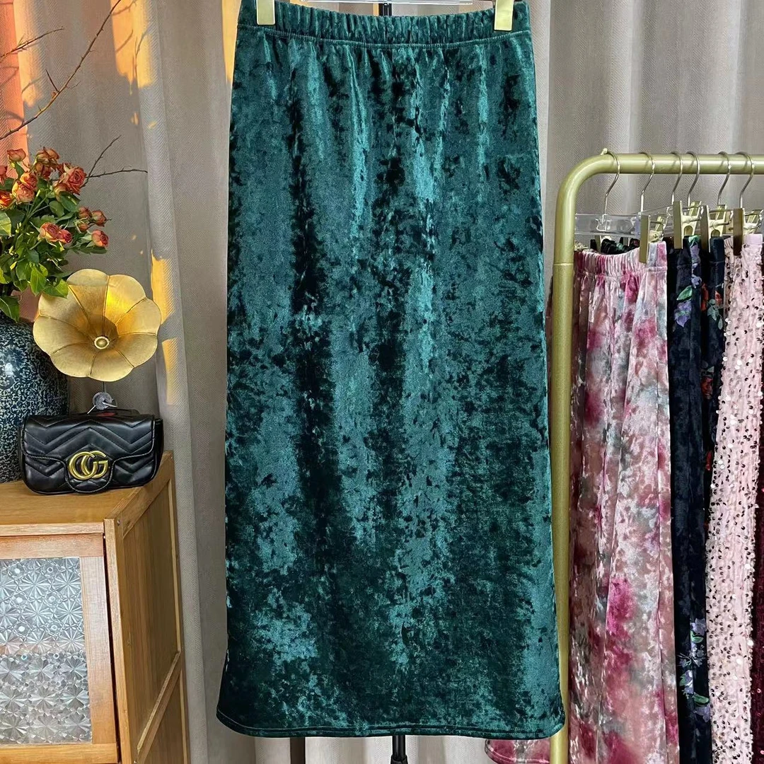 加厚中长款金丝绒后开叉半身裙糖霜冰花纯色一步裙2023秋冬季新款