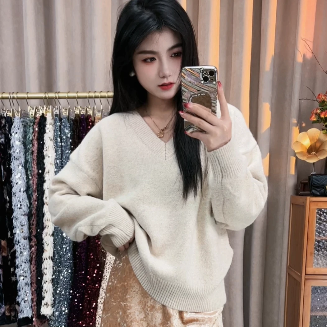 23款韩国新款秋冬百搭毛衣毛绒衫宽松纯色慵懒v领针织套头毛衣女