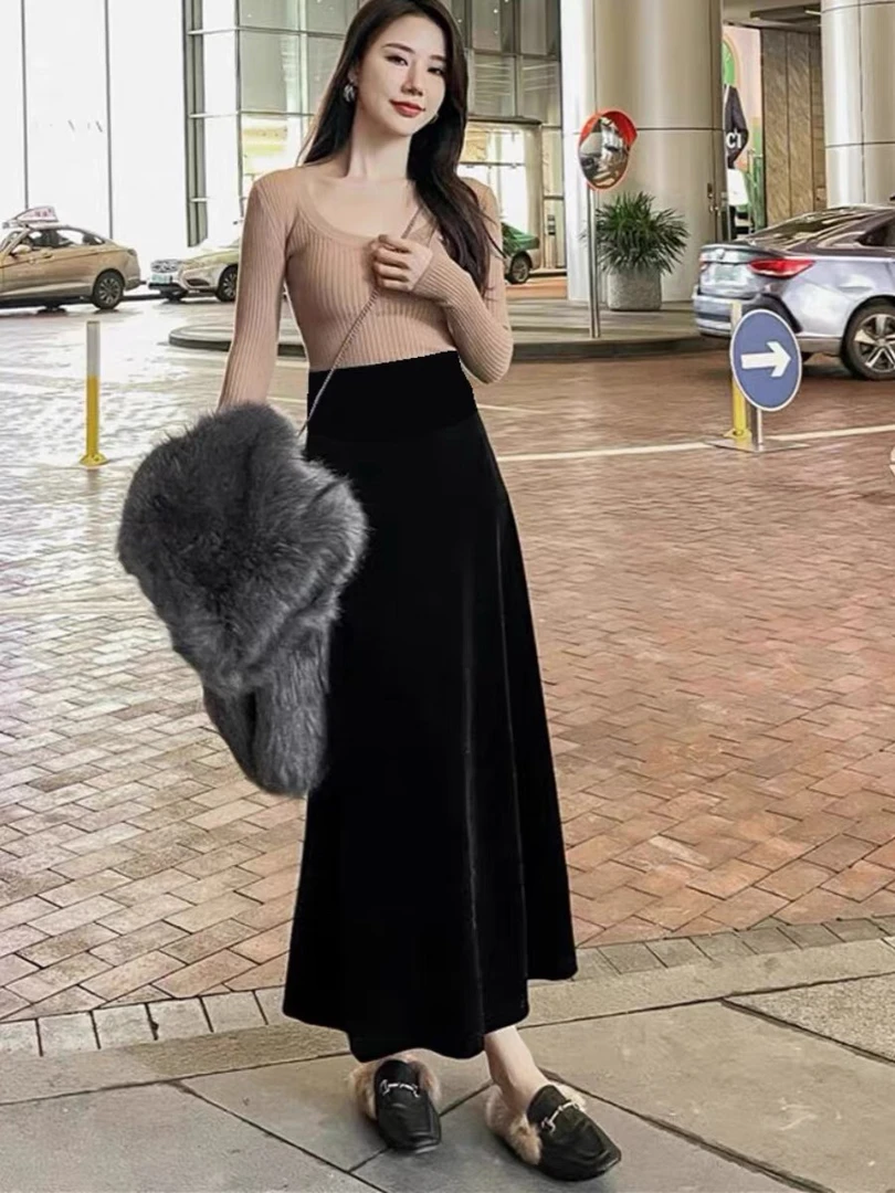 丝绒黑色半身裙 春秋款高腰垂坠感A字裙复古丝绒裙子百搭长裙