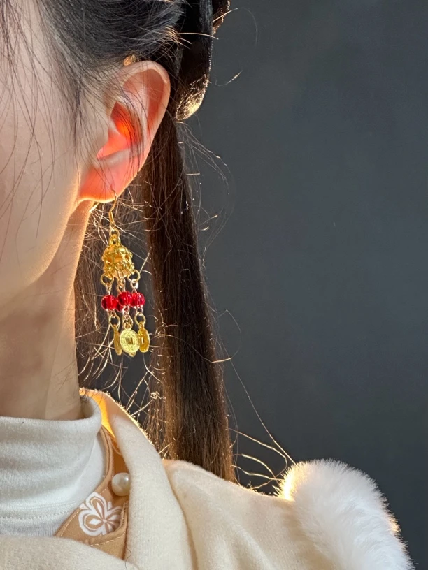 合金耳饰 钱串子小财神新年五帝铜钱灯笼耳环耳夹汉服配饰