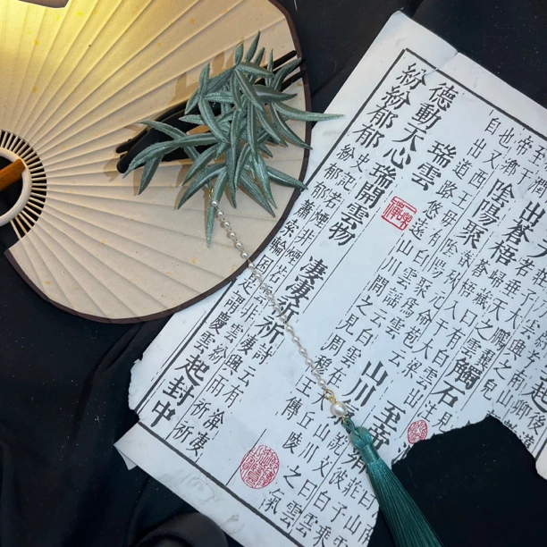 中国风新中式竹叶刺绣流苏抓夹