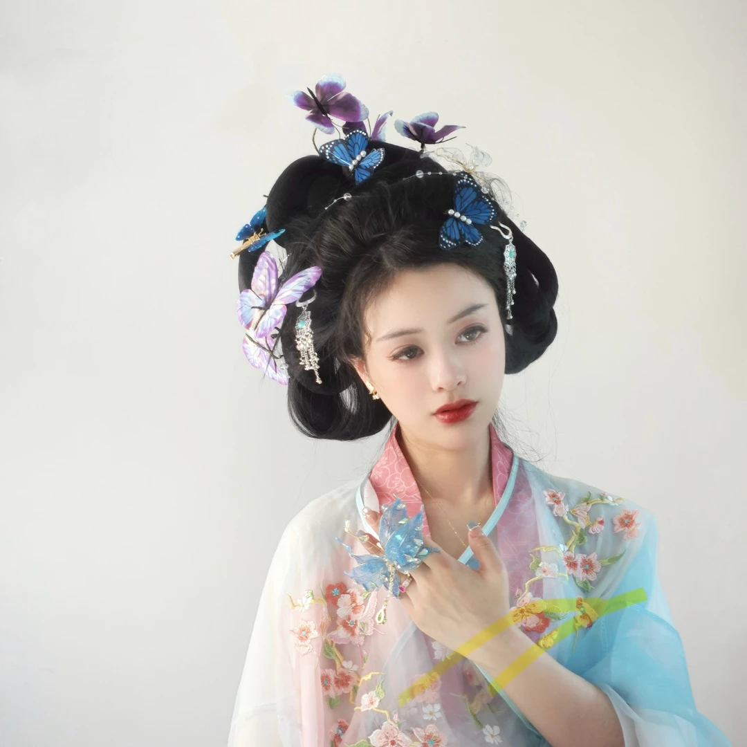 蝶满枝蝴蝶仙气绢纱花朵发饰发夹软簪汉服配饰（五只蝴蝶）