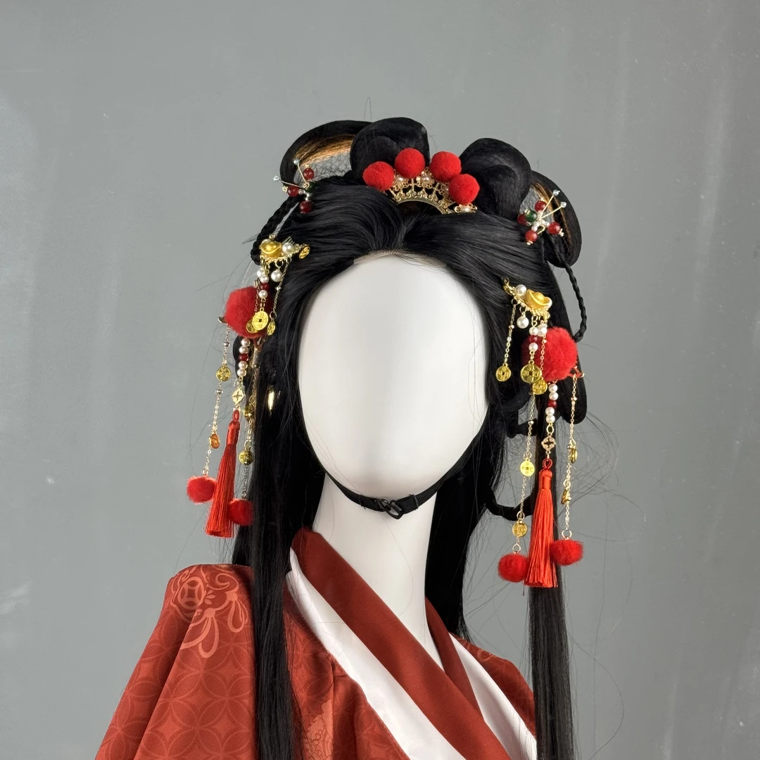 新年发饰百搭红色件套新年流苏发冠古装配饰毛球古风