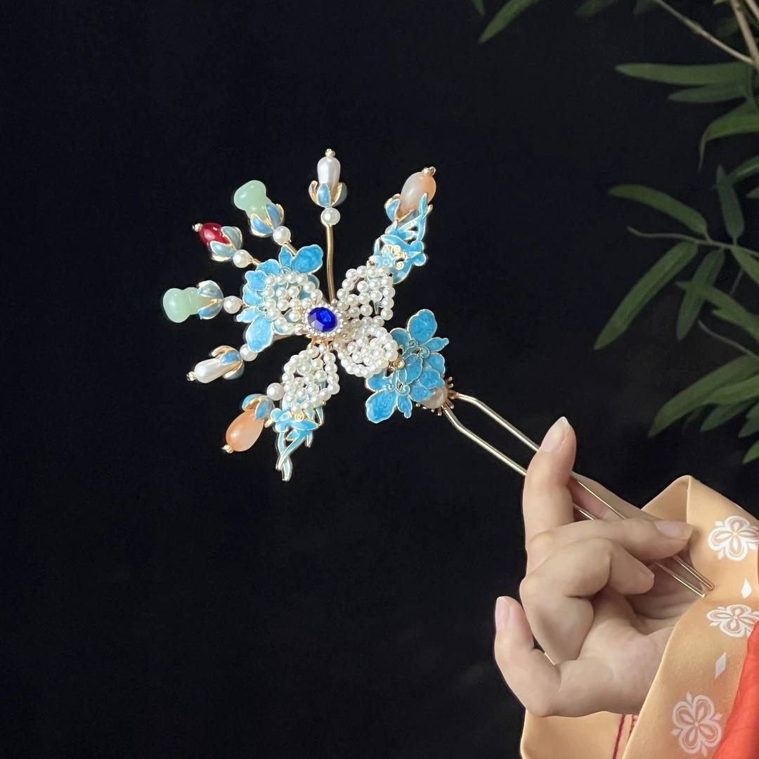 福禄多宝新款珍珠蝴蝶发钗手工国古风汉服头饰发饰新中式旗袍流