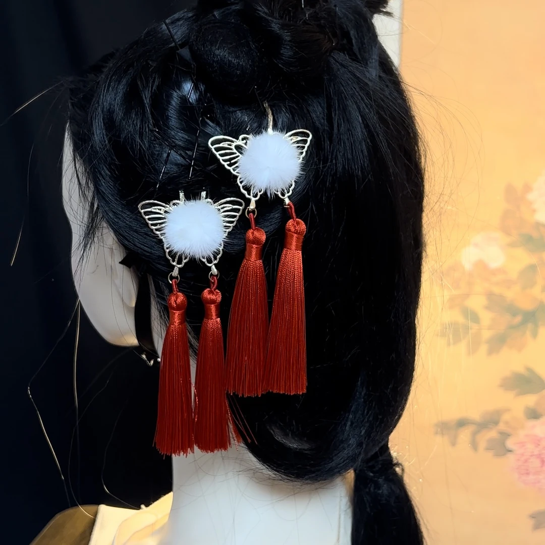 汉服发夹彩色毛球流苏秋冬对夹古风配饰