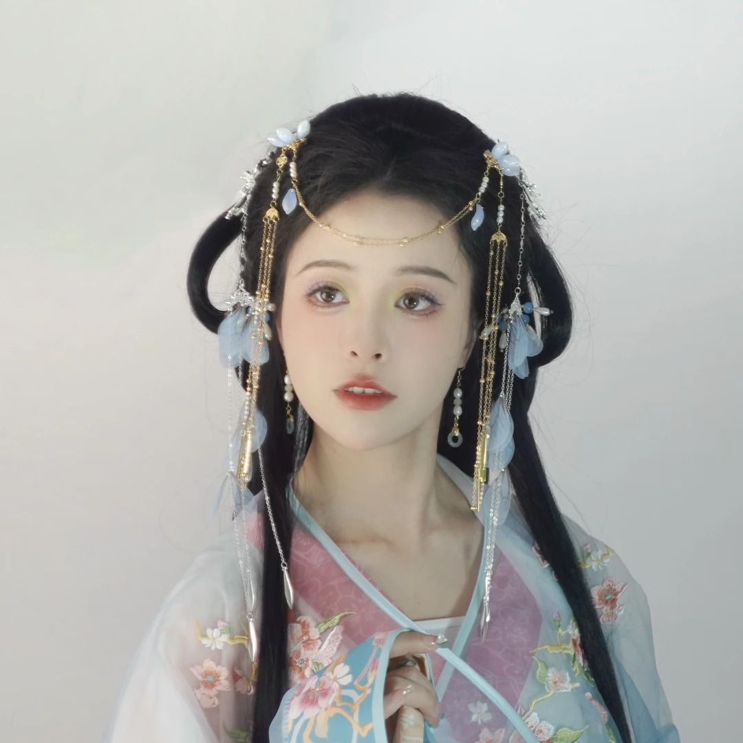 晚晴 额饰后压两用汉服发饰琉璃发簪粉色樱花长流苏发簪古风发