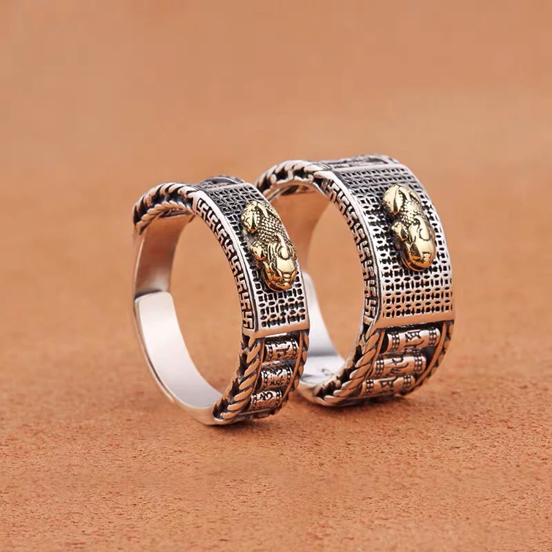 925银戒指 925纯银貔貅六字真言纯银戒指男女士复古个性时尚饰品