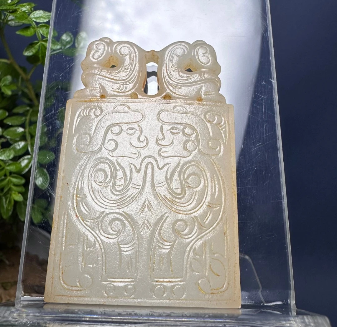 珍藏古玩精品和田玉白玉双龙贵人牌手把件老包浆微沁精美复古百搭