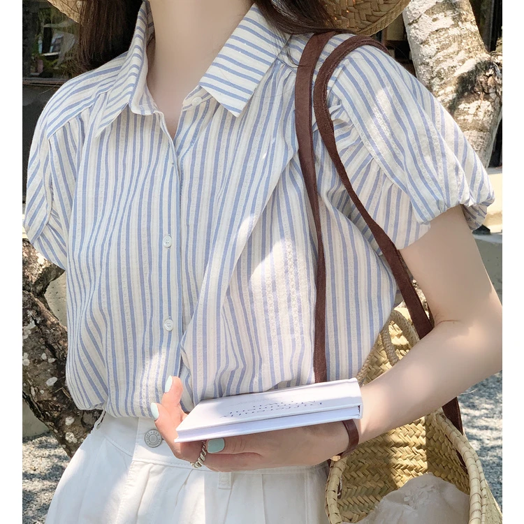 休闲百搭条纹纯棉飞飞袖短袖夏季上新设计感韩版时尚高级显瘦衬衫