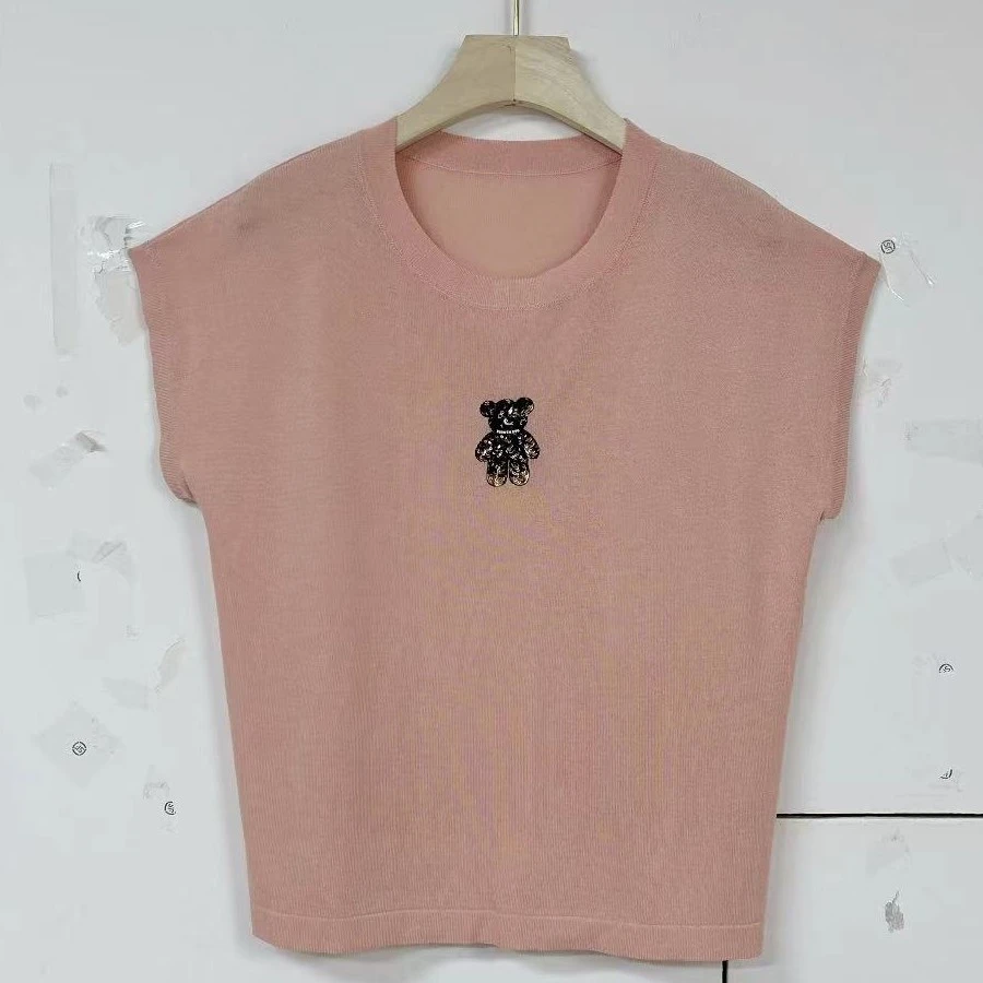 038新款时尚珠片绣小熊无袖针织上衣