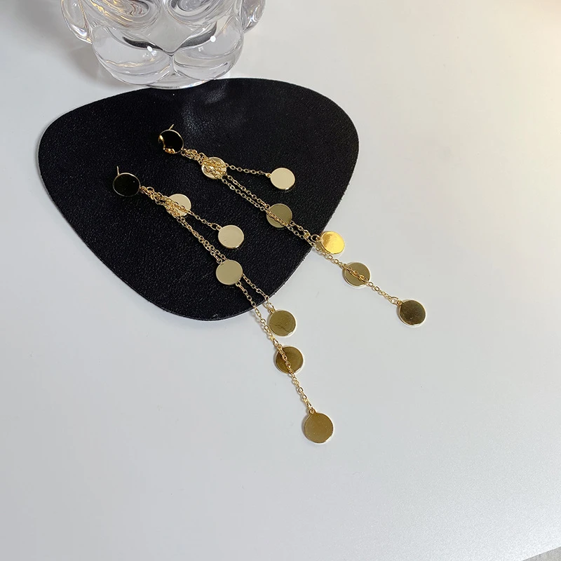 铜合金耳饰 金属圆片长款亮片流苏耳环气质简约欧美个性耳坠