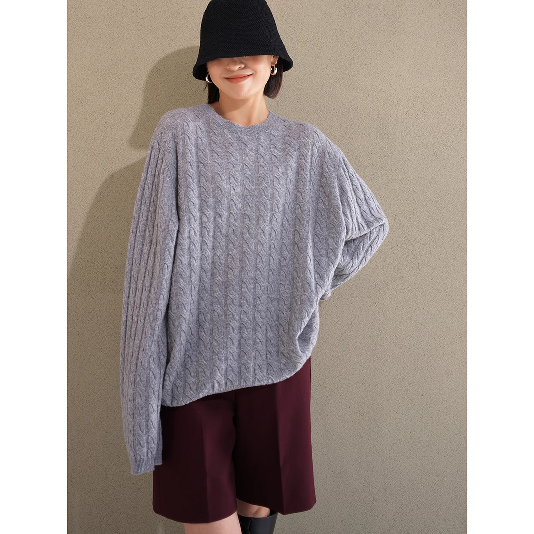 UPINLOOK高质全羊毛绞花女圆领宽松长袖慵懒针织衫DD502