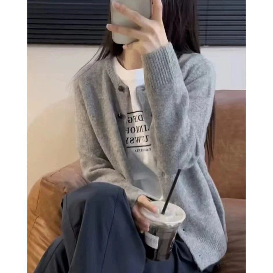 糯米绒纯色简约开衫宽松长袖针织衫显瘦上衣2024秋季新款女装外套