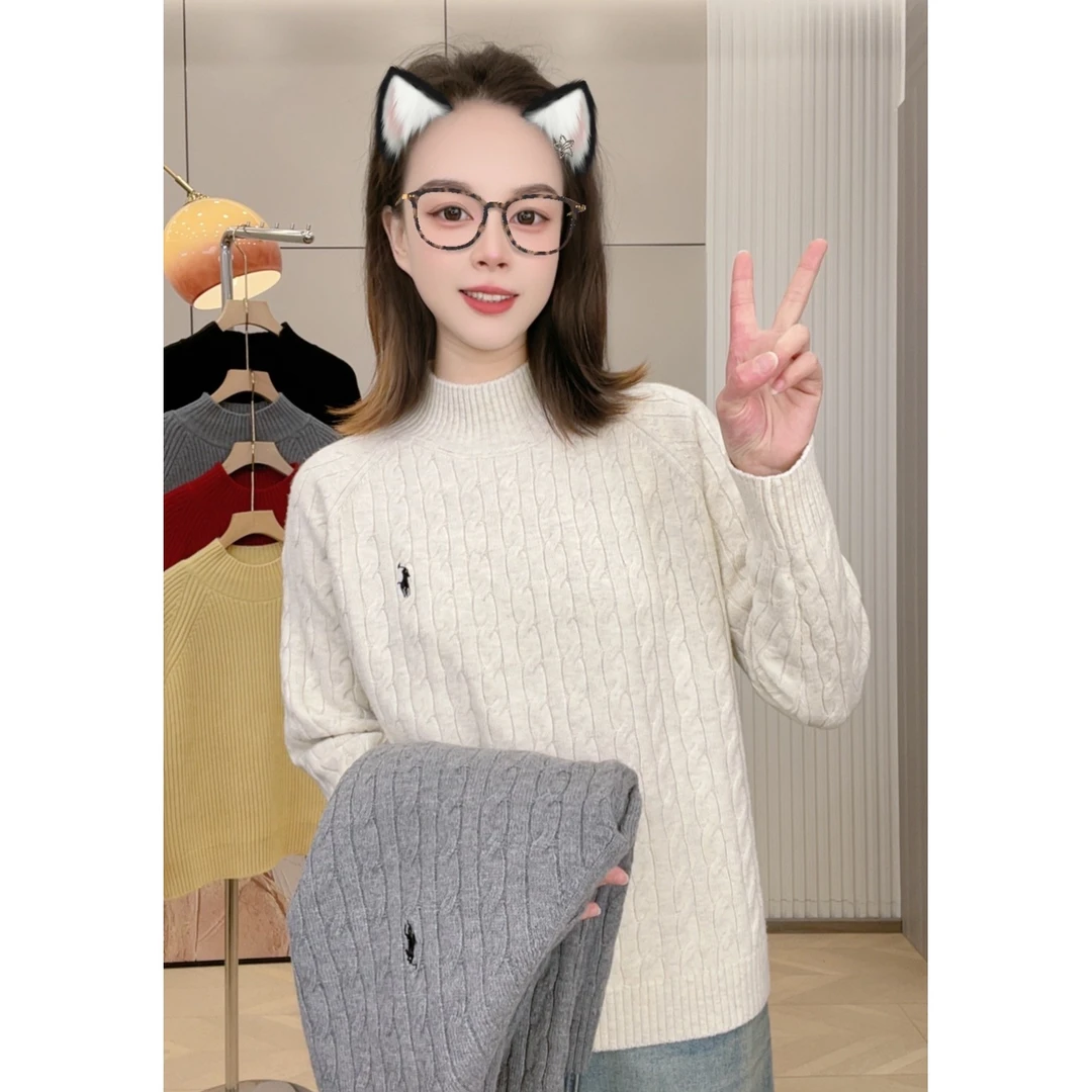 半高领毛衣宽松刺绣麻花洋气纯色秋冬新款女装针织衫加厚上衣