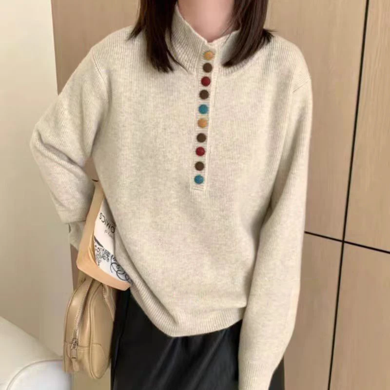 彩扣宽松外穿毛衣2024秋冬新款女装宽松显瘦洋气长袖上衣