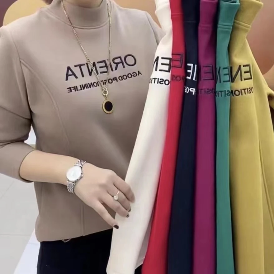 秋冬加绒加厚新款半高领卫衣宽松保暖时尚长袖上衣洋气大码T恤