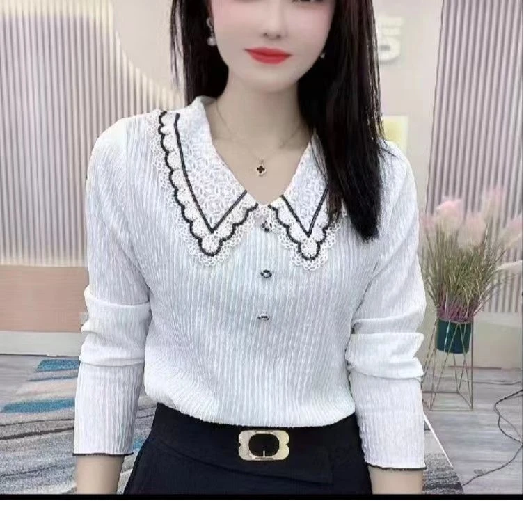 新款时尚气质百搭显瘦纯色洋气宽松秋季女士上衣长袖镂空娃娃领