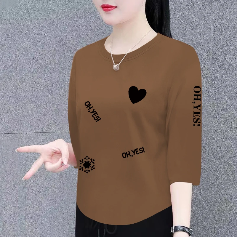 女士纯棉七分袖上衣女春夏新款圆领宽松显瘦百搭洋气不规则t恤女