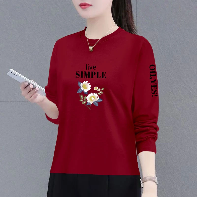 纯棉长袖t恤女春秋季新款宽松遮肚显瘦打底衫洋气时尚圆领上衣潮
