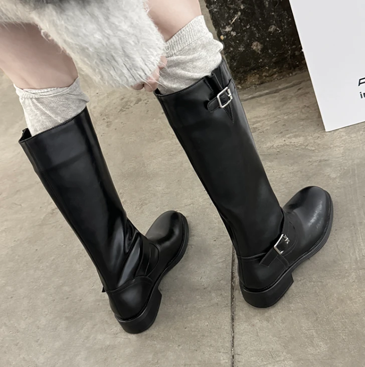 网红显瘦长靴2024秋冬真皮高筒女靴百搭粗跟骑士靴时尚厚底瘦瘦靴