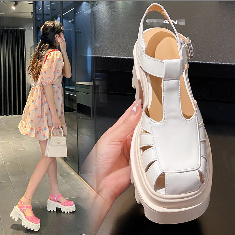 10CM增高~2025夏季厚底真皮女凉鞋超高跟粗跟包头小个子罗马凉鞋