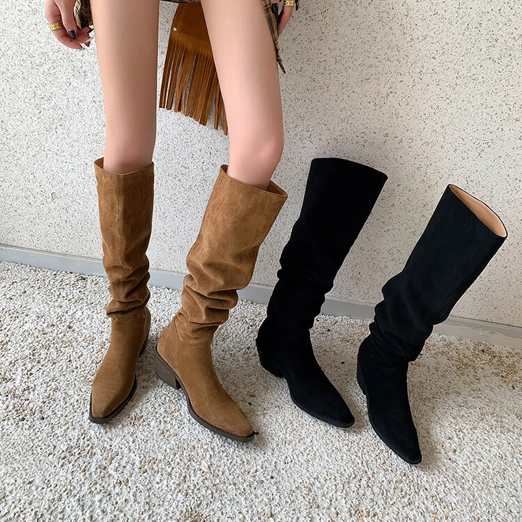 时尚堆堆靴2024秋冬不过膝骑士靴粗跟厚底高筒靴高跟瘦瘦靴女靴子