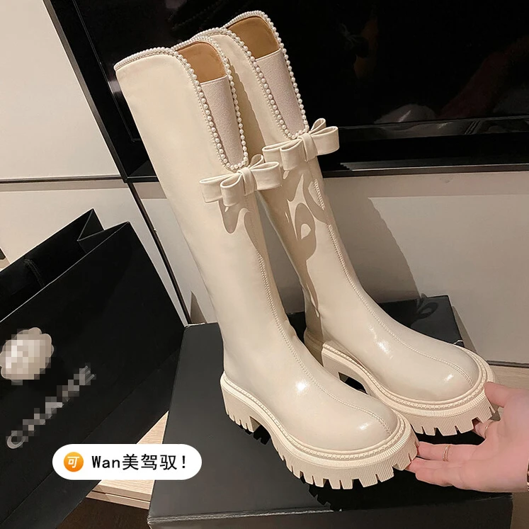 珍珠长靴2025秋冬真皮女靴子高筒小个子长筒靴厚底高跟骑士瘦瘦靴