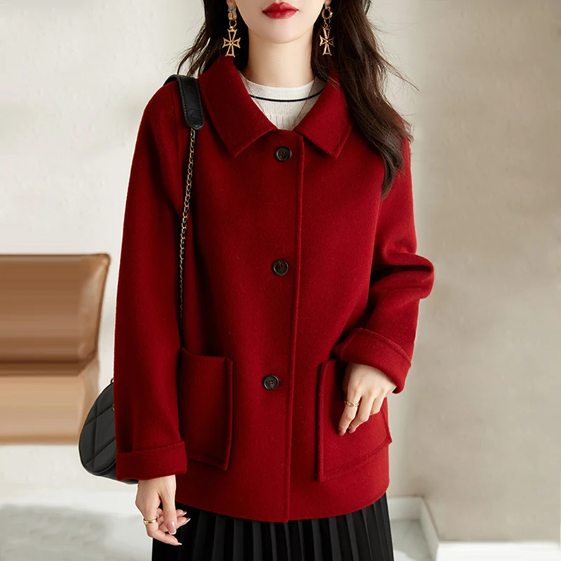 双面羊毛呢红色大衣女短款秋冬新款小个子时尚高端羊毛呢外套气质
