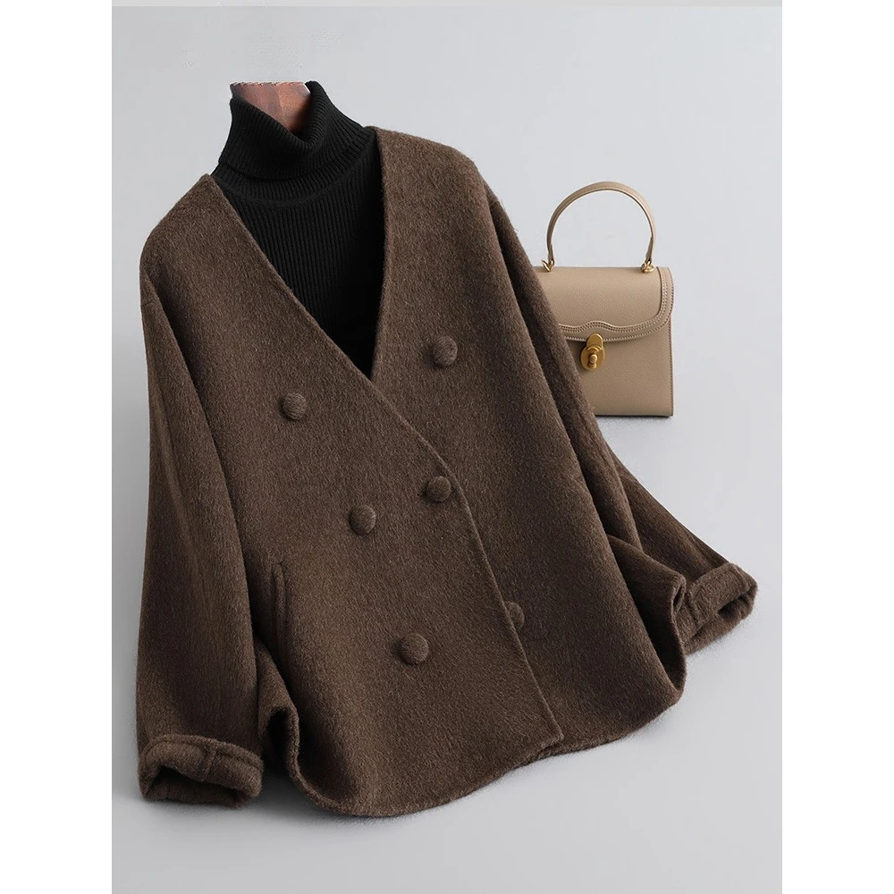 高端双面零羊绒大衣女双排扣新款秋冬高级感v领羊毛呢外套保暖
