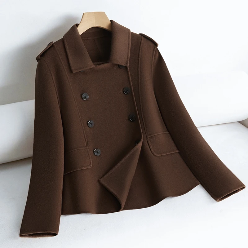 高端双面羊毛大衣女棕色短款小个子双排扣修身显瘦秋冬羊毛呢外套