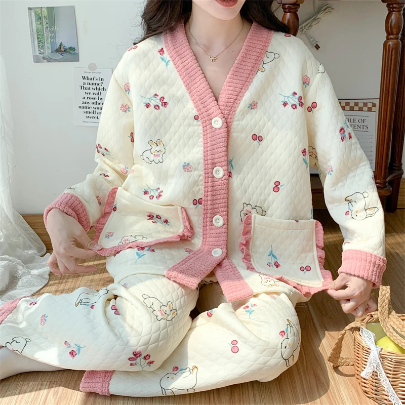 新款睡衣女秋冬季夹层保暖空气棉卡通少女加厚家居服套装可外穿