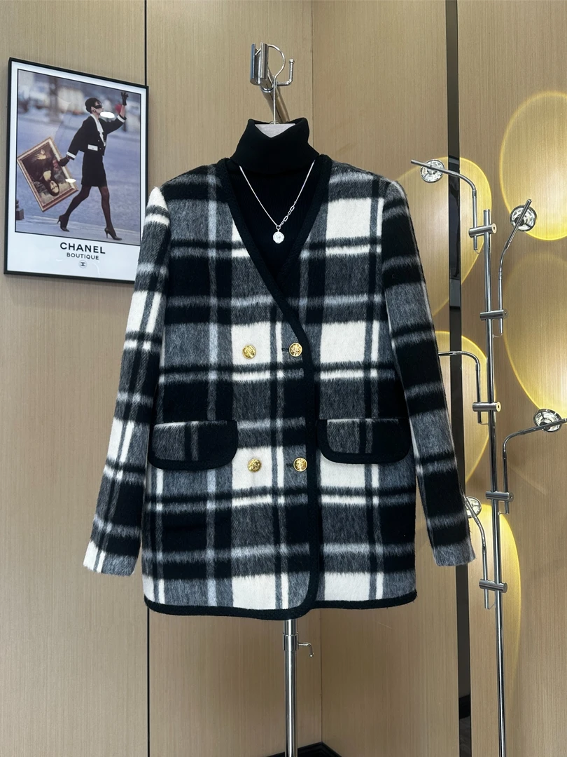 加绒加厚棉衣外套小香风气质洋气中长款格子韩版百搭秋冬外套809