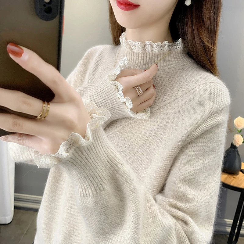 高档蕾丝边毛衣女秋冬2024新款洋气时尚针织上衣半高领打底衫内搭