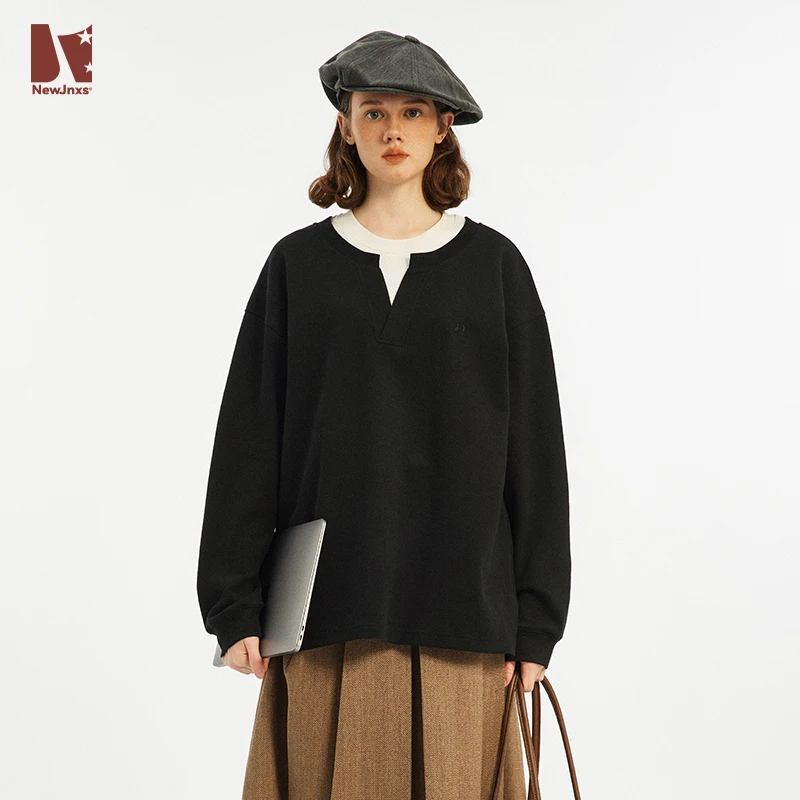 江南先生美式复古假领长袖T恤刺绣潮牌情侣上衣打底衫新款JN43Y51